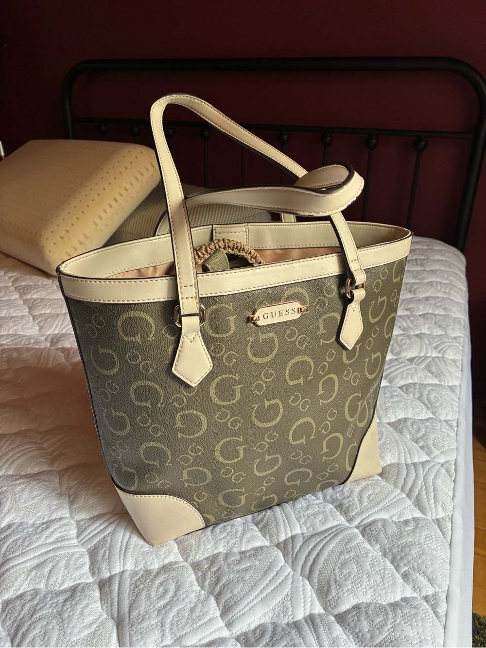GUESS Olive Logo Tote with Cream Trim